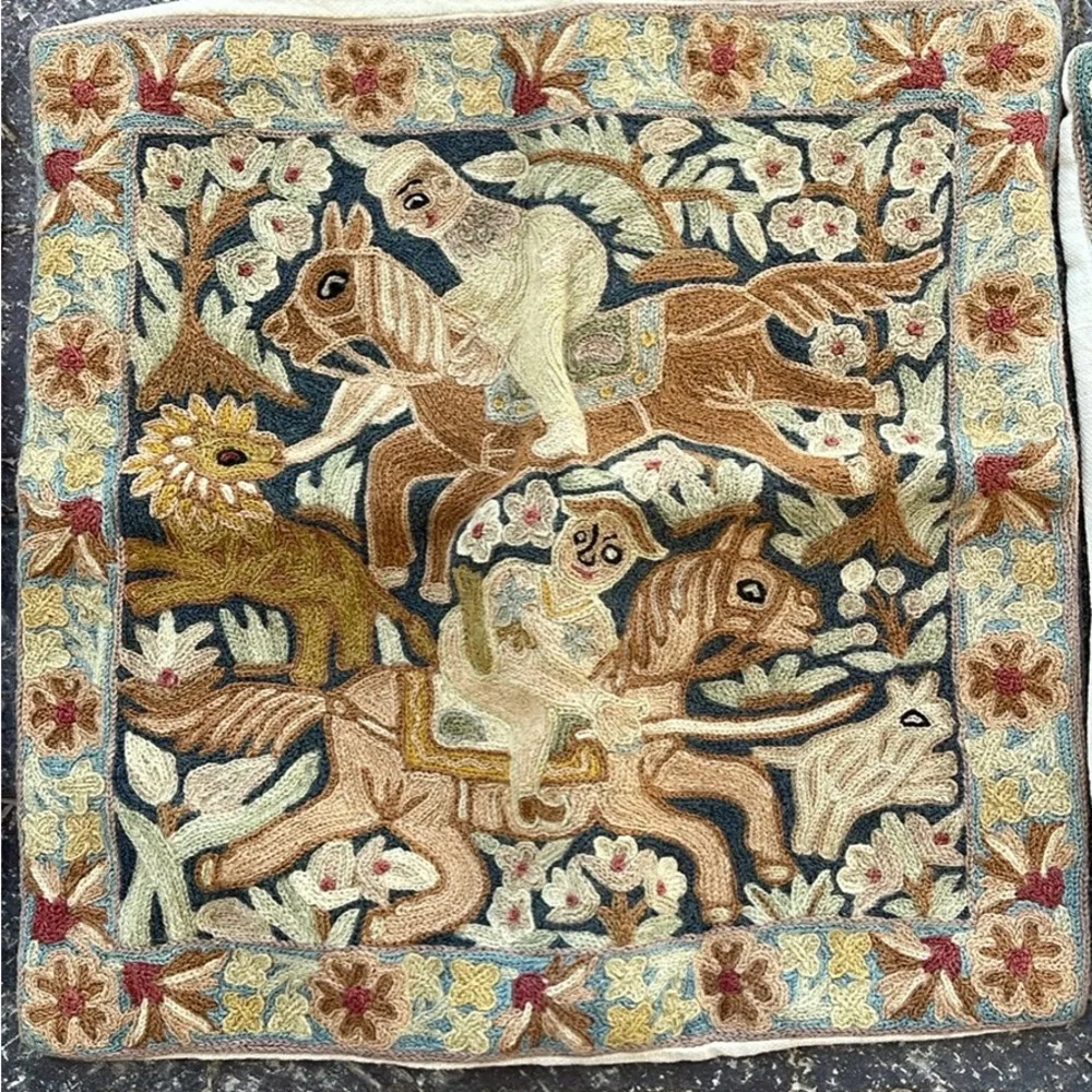 Hand Hooked Folk Art Horse & Rider Wool pillowcase set of 3